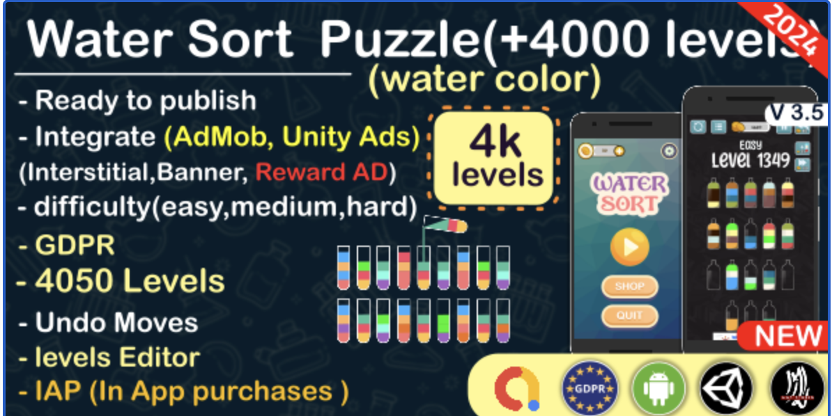 Water Sort Puzzle, liquid sorting (complete unity game +AdMob)